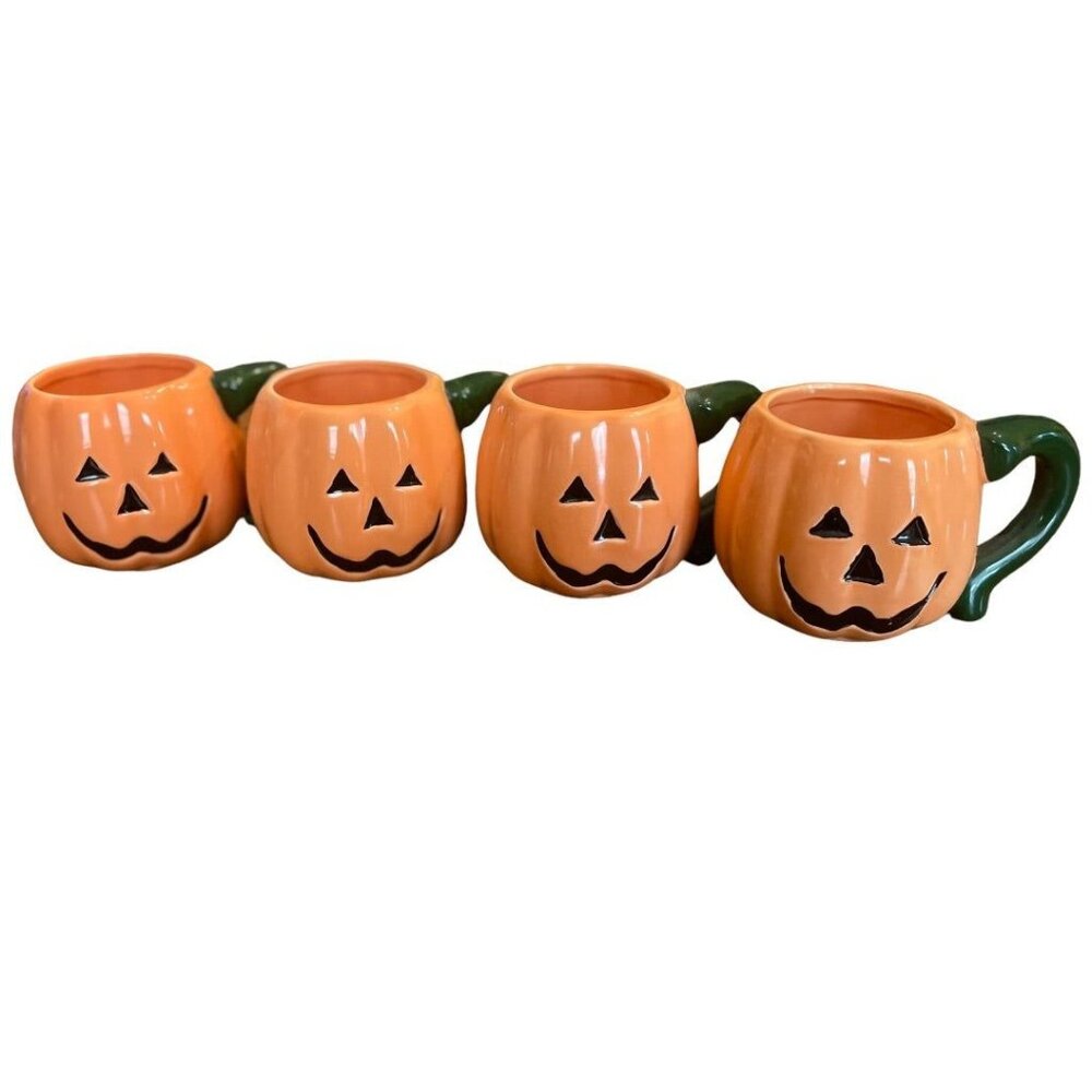 Set of 4 Halloween Ceramic Jack O Lantern Pumpkin Mugs Orange